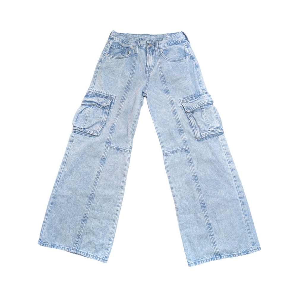 Old Navy Girls Size 14 Baggy Cargo Jeans Light Wash Wide Leg Button Fly